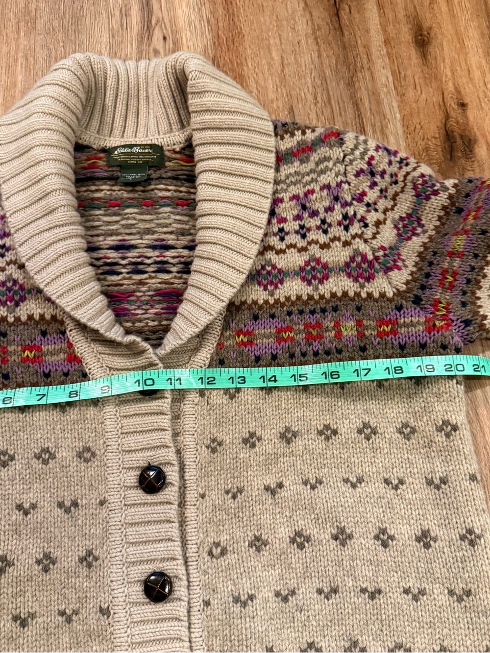 Vintage Eddie Bauer Wool Cardigan Shawl Neck Fair Isle Grey Purple Sweater Large - Picture 6 of 8